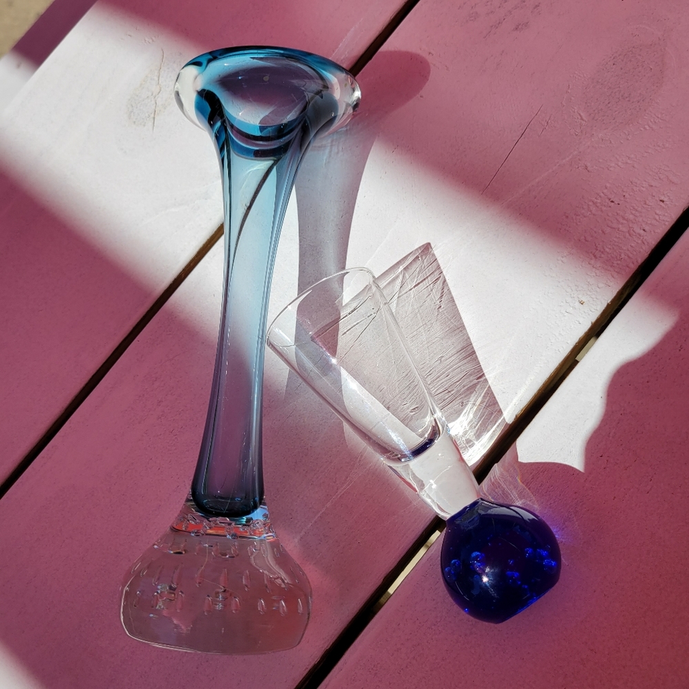 Vases ~ Bud & Flower Vase ~ Blue & Clear Art Glass ~ Controlled Bubble Base